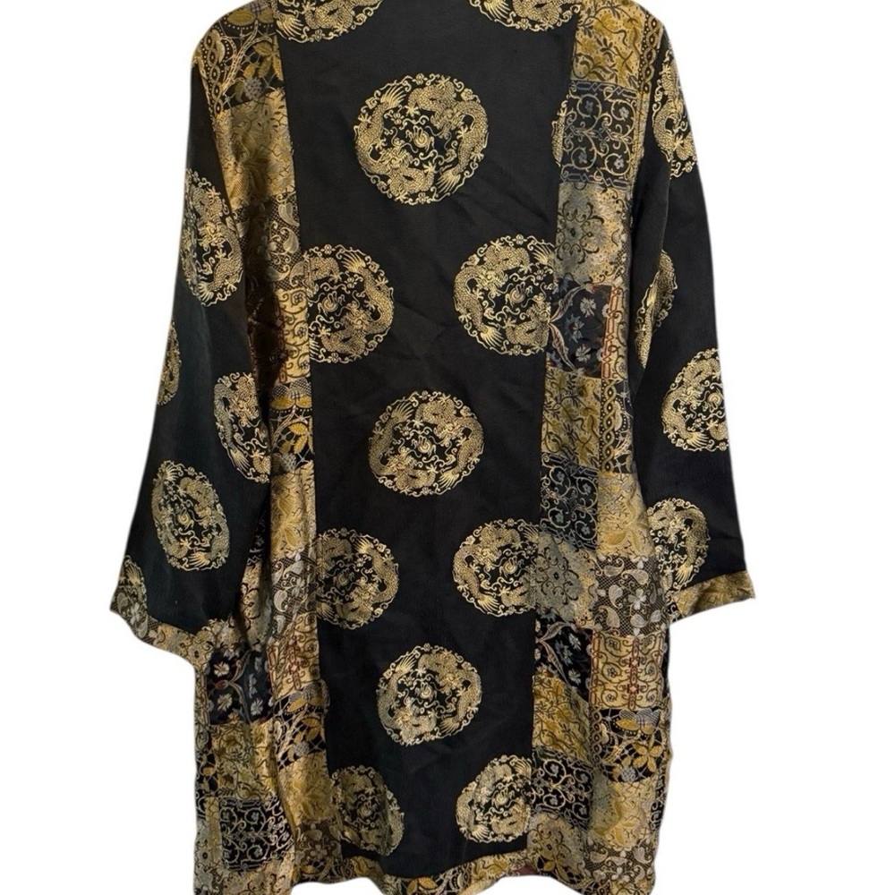Citron Women’s Embossed Silk Duster Black and Gold Asian Art to Wear L - Picture 2 of 6